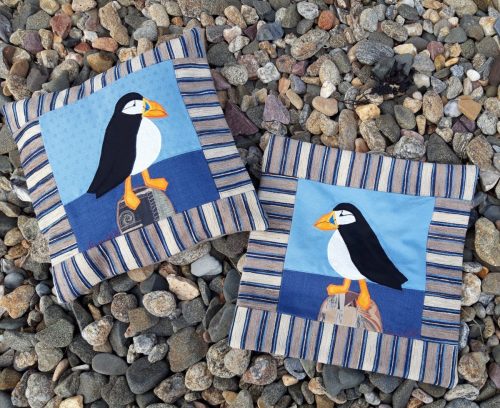 Louise-Bell-Quilts, pair of Puffin cushions