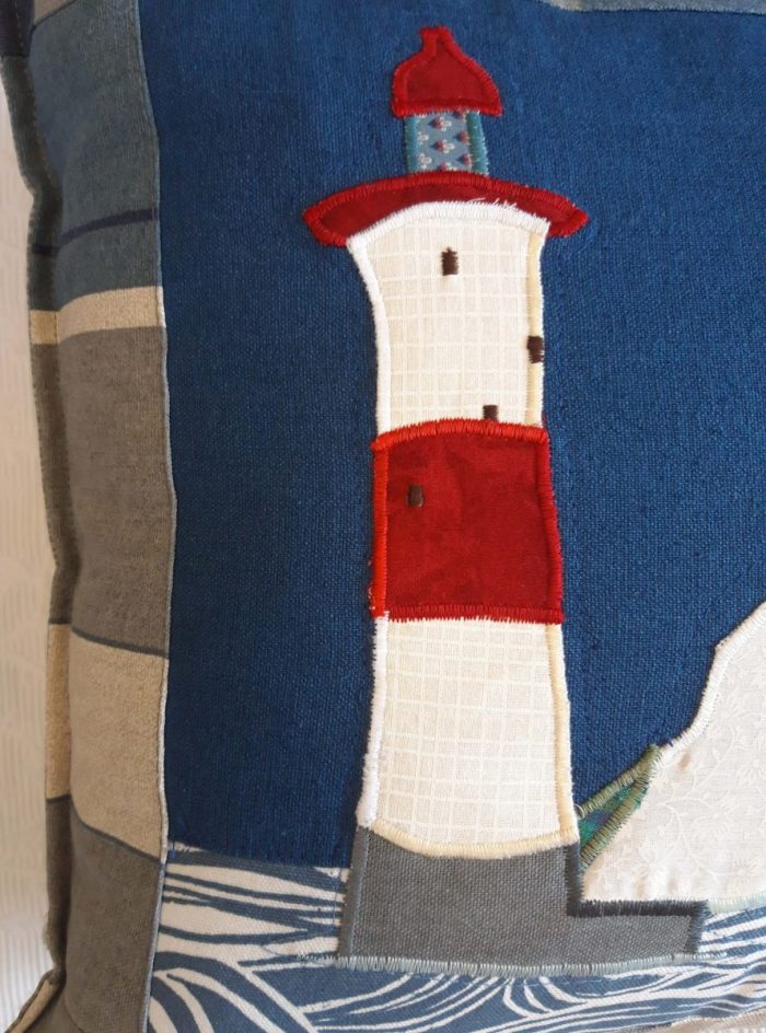 Seaside Lighthouse cushion, blue and grey stripes - Image 2