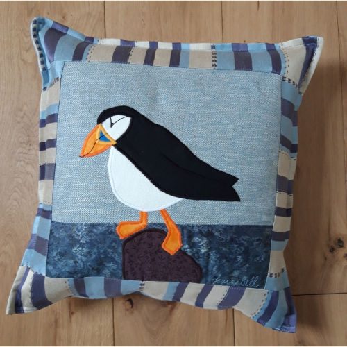 Louise Bell Quilts-Cushion Puffin left-blue stripe