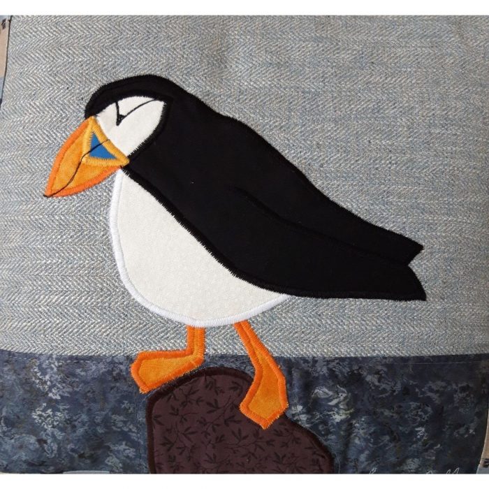 Louise Bell Quilts-Cushion Puffin left detail-blue stripe