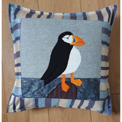 Louise Bell Quilts-Cushion Puffin right-blue stripe