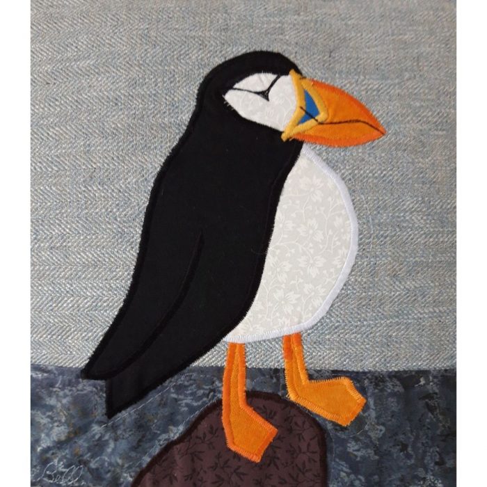 Louise Bell Quilts-Cushion Puffin right detail-blue stripe