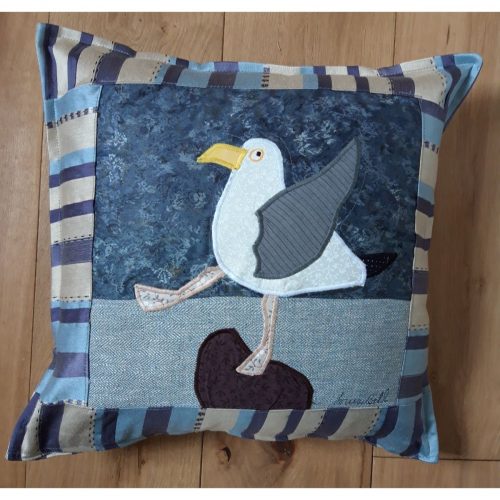 Louise Bell Quilts-Cushion Seagull left-blue stripe