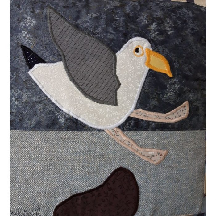 Louise Bell Quilts-Cushion Seagull right detail-blue stripe