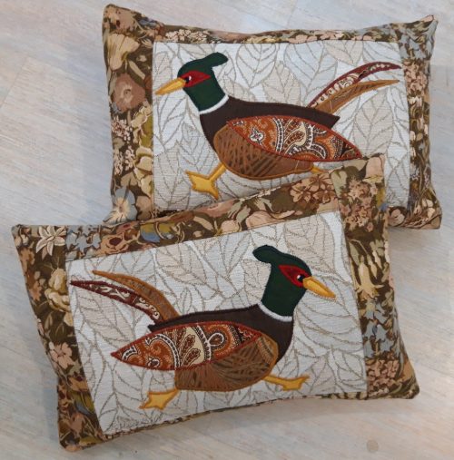 Pair of Pheasant cushions. Vintage Liberty Cottage Garden border and back