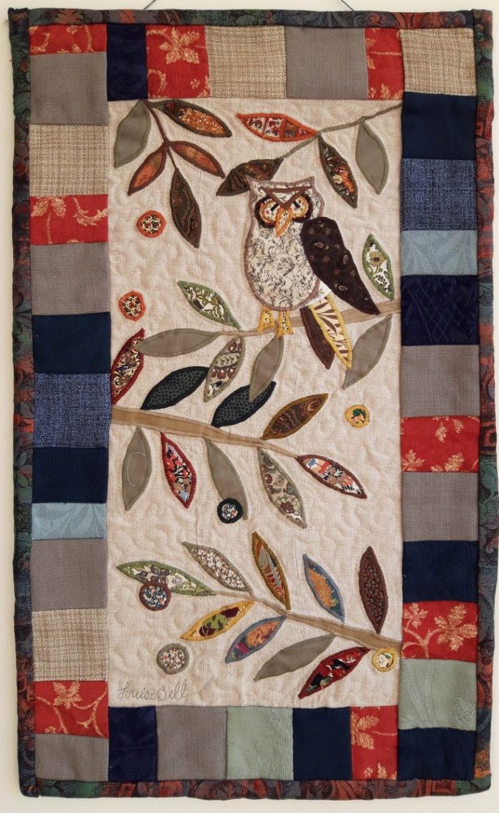 Louise Bell Quilts, 2024, Owl on a Branch hanging, 42x70cms