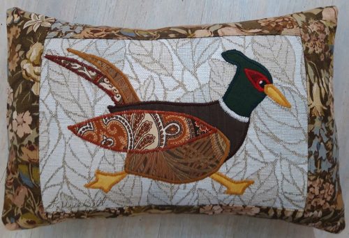 Pheasant running right cushion. Vintage Liberty Cottage Garden border and back
