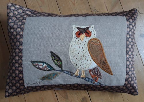 Louise Bell Quilts, Owl cushion, brown, left