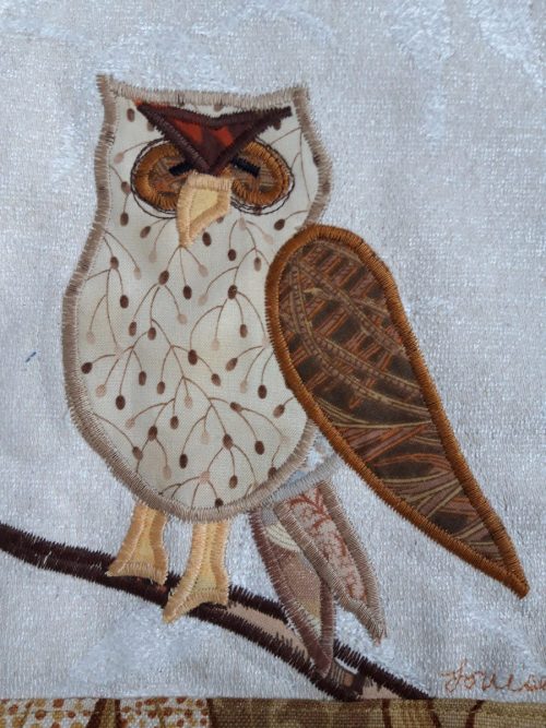 Louise Bell Quilts, Owl cushion, gold, left, detail