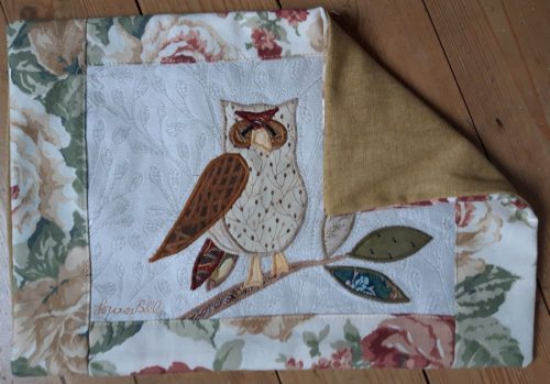 Louise Bell Quilts, Owl cushion, detail, pale, right, back