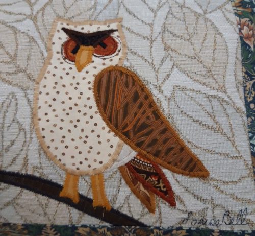 Owl on a Branch cushion, owl facing left. Vintage Morris Strawberry Thief border