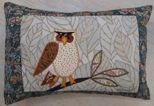 Owl on a Branch cushion, owl facing right. Vintage Morris Strawberry Thief border