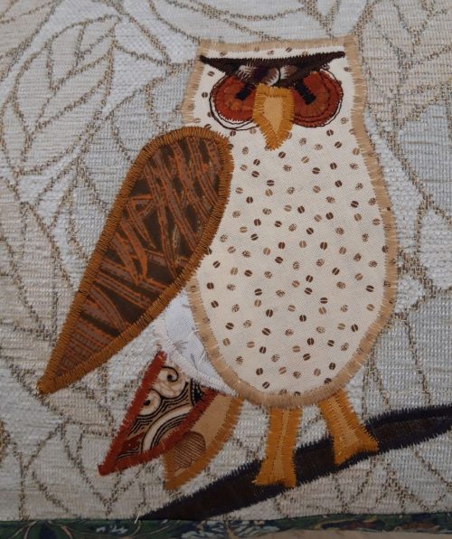 Owl on a Branch cushion, owl facing right. Vintage Morris Strawberry Thief border