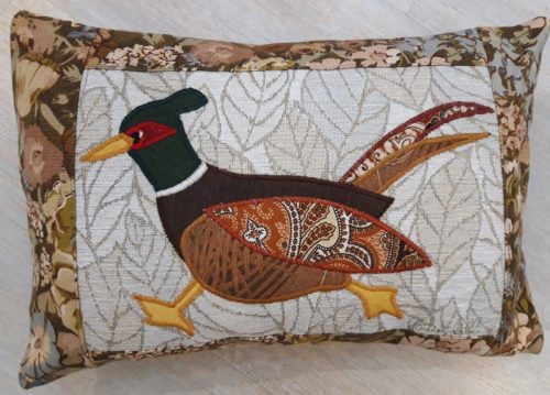 Pheasant running left cushion. Vintage Liberty Cottage Garden border and back