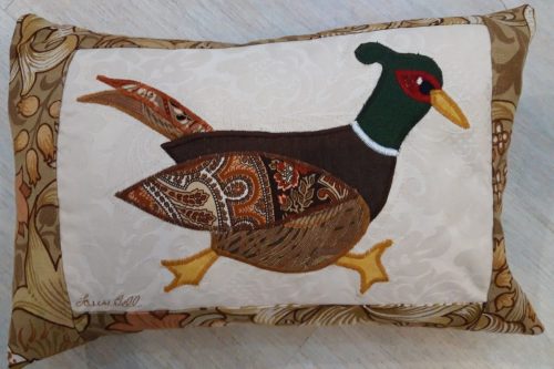 Pheasant cushion, Vintage Morris Golden Lily border