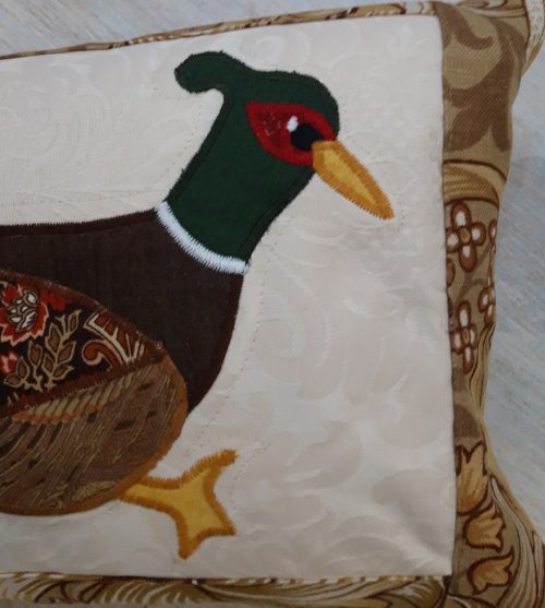 Pheasant cushion, Vintage Morris Golden Lily border
