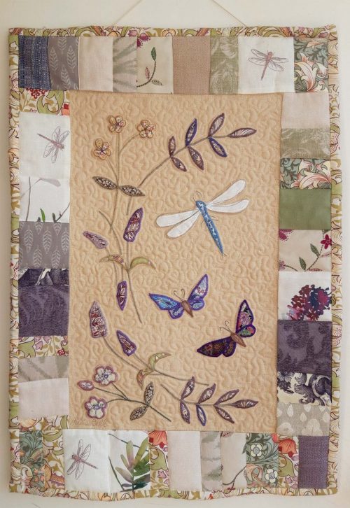 Louise Bell Quilts, 2024, Lavender and Dragonly hanging, 52x75cms