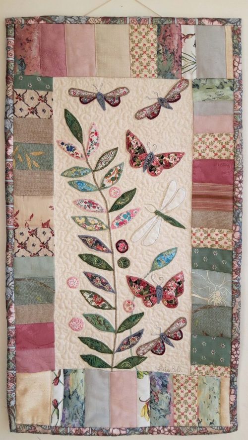 Louise Bell Quilts, 2024, Pink Butterflies hanging, 47x86cms